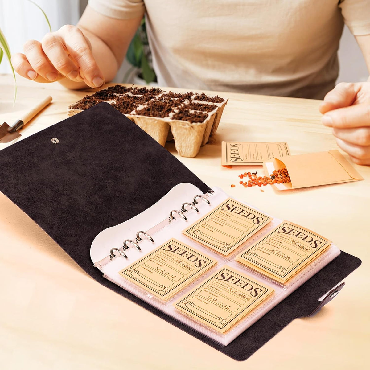 Seed Packet Organizer Binder, Garden Planner Packet with 25 Pack Clear Pocket Sleeves(Slot 3.9" x 5.5") 50Pcs Seed Storage Envelopes, Fit for Standard Seed Packets