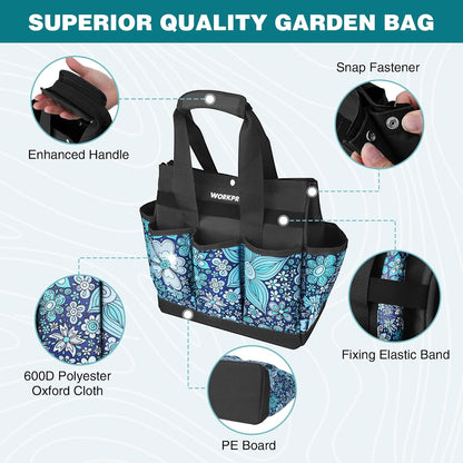 WORKPRO Garden Tool Bag, 9 Pockets Gardening Bag, Heavy Duty Oxford Garden Tote Caddy (Tools NOT Included), 12" x 12" x 6" (Floral White)