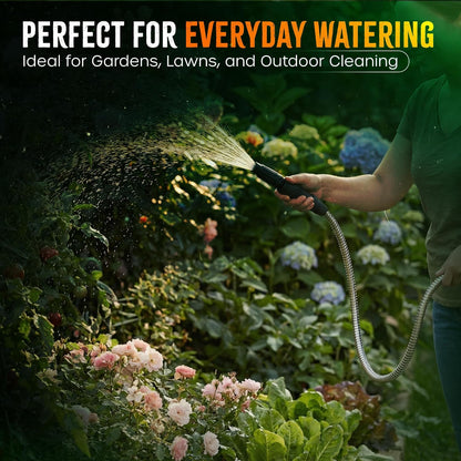 Bernini 40-Ft Metal Garden Hose with Storage Pot, Heavy-Duty, Flexible and Expandable Garden Hose, Kink-Free Stainless Steel, Includes Spray Nozzle & Brass Fittings