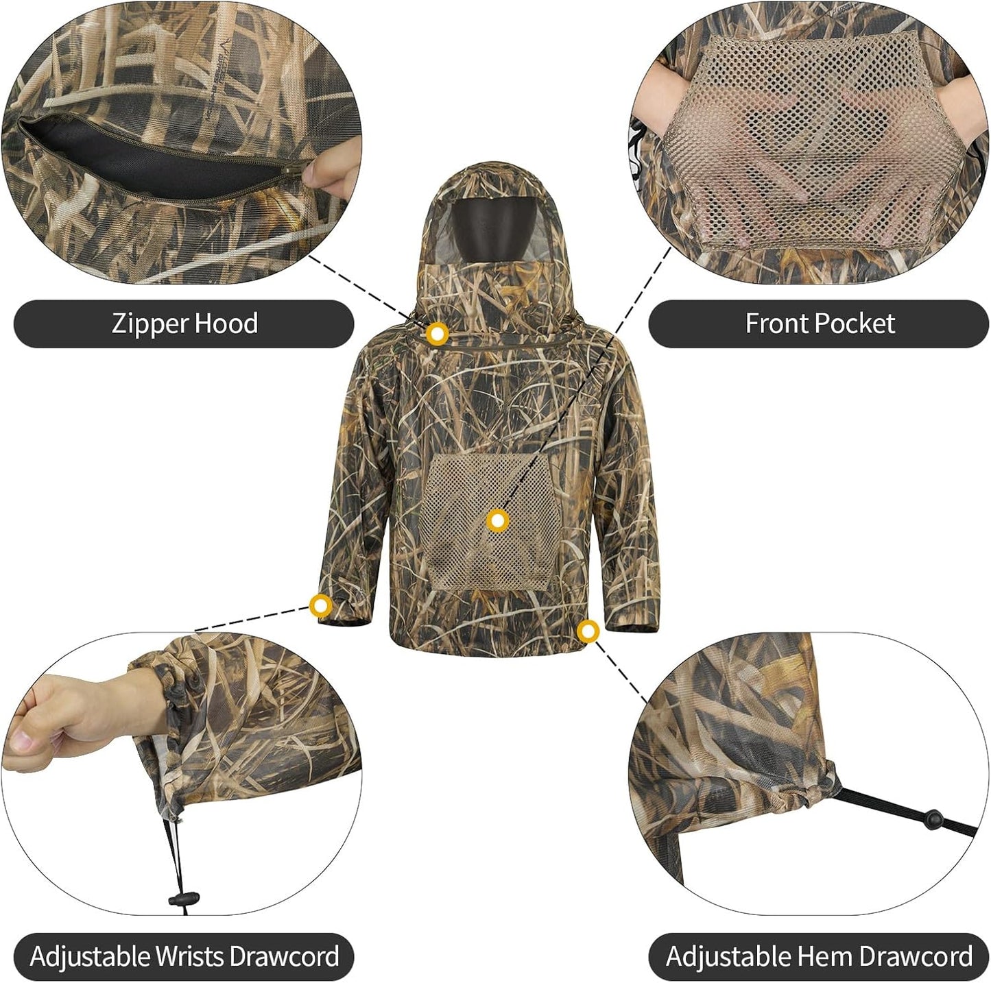 Mosquito Netting Suit Bug Net Mesh Clothing with Hood Outdoor Garden Hunting Camo Protection from Fly Insects Bugs