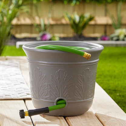 Suncast 300 Foot Heavy Duty 5 Gallon Decorative Plastic Hose Pot for Expandable and Lightweight Hoses, Ideal for Garden, Patio and Backyard Use