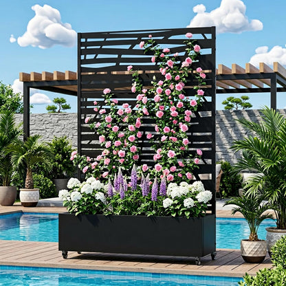 Casaphoria Metal Raised Garden Bed with Trellis and Wheels, 72"x47"x16" Planter Box for Climbing Plants, Vegetables & Vines, Features Drainage Holes and Privacy Screen (Black-Louver) - Colors A