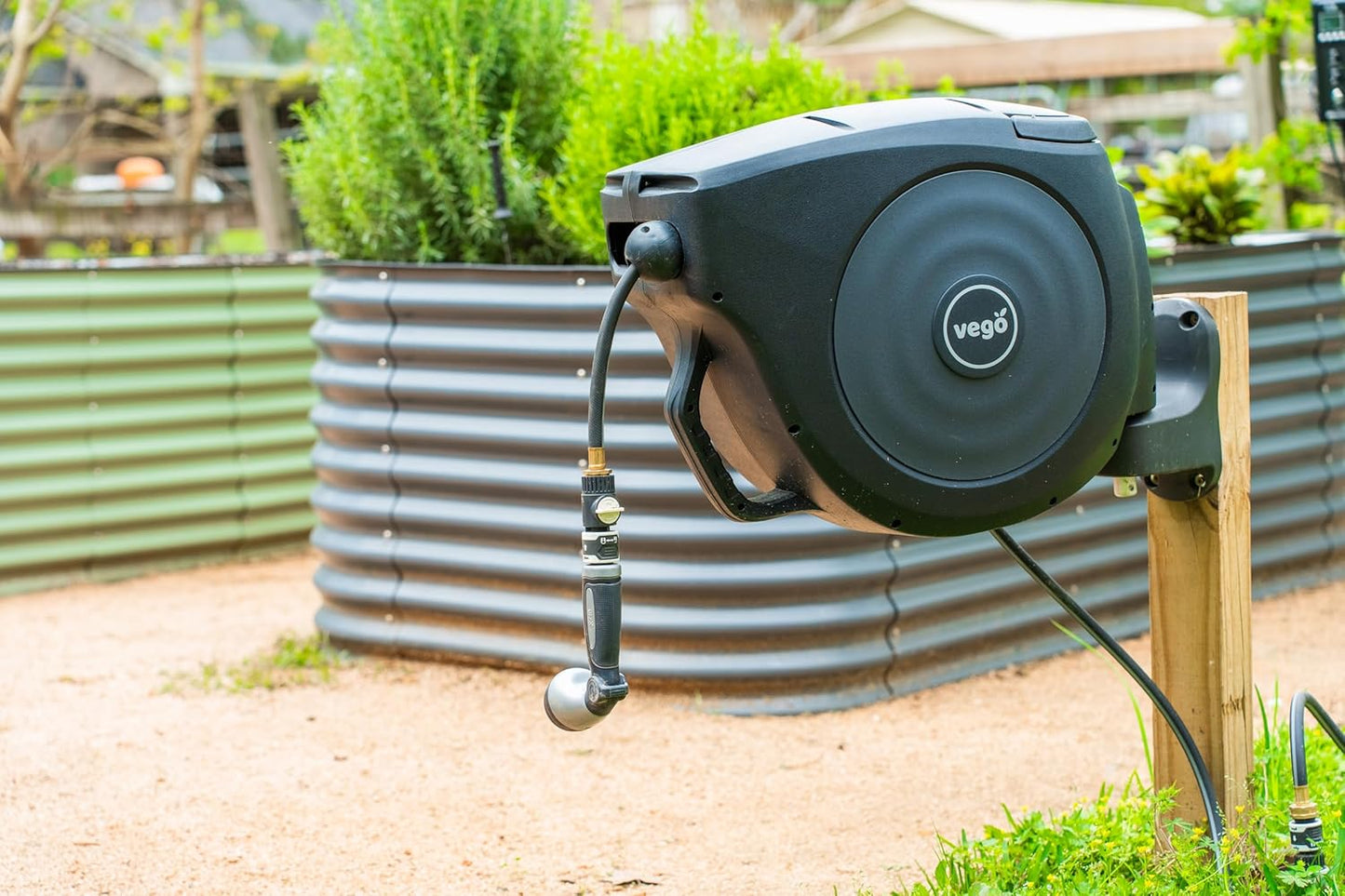 Vego Garden Hose Reel Retractable Hi-Flow Wall Mounted Hose Reel Automatic Rewind, Any Length Lock with 9 Patterns Sprayer Nozzle, Quick Connector and Adjustable shot Nozzle (Seaweed Green, 100ft)