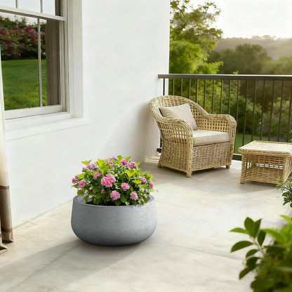 Kante 15.7" Dia Round Concrete Planter, Outdoor Indoor Garden Plant Pots with Drainage Hole and Rubber Plug, Modern Curvaceous Design, Slate Gray