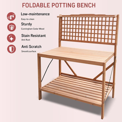 Northbeam Foldable Potting Bench Table - 2-Tier Storage Shelves - Wooden with Large Working Surface, All-Weather Garden Table Work Station with Sliding Tabletop, Perfect for Balcony, Garden, Backyard