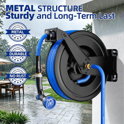 SPECILITE Hot/Cold Retractable Garden Hose Reel 50ft x 5/8'', -50℉ - 190 ℉, Wall Mount Water Pipe Spool, Heavy Duty, with 6ft Leader Hose, 8 Function Nozzle, for Backyard, Outdoor, Farm, Boat, Black