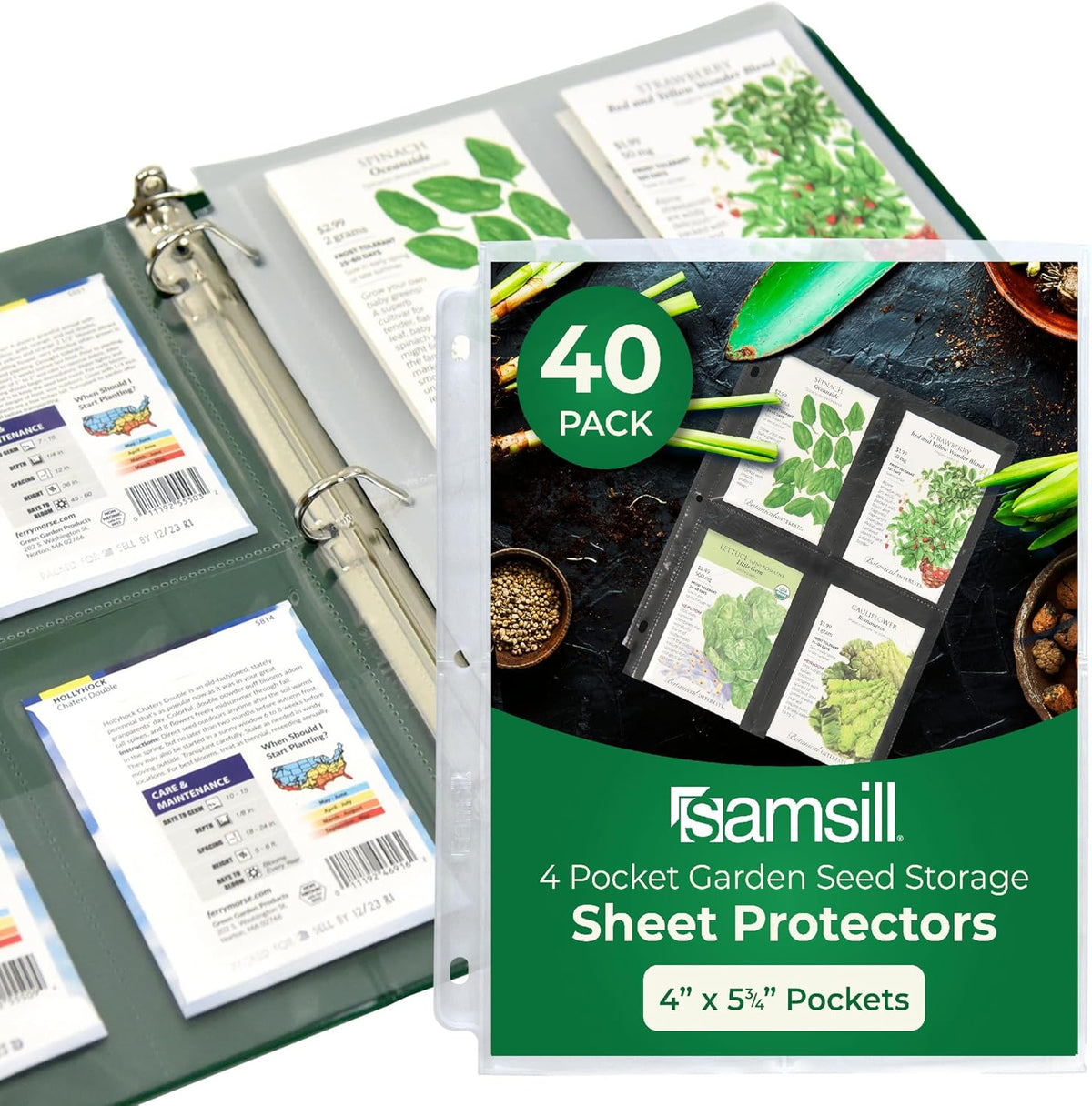 Samsill 50 Pack Heavy Weight 4 Pocket Garden Seeds Storage Clear Sheet Protectors, Seed Organizer, Each Pocket Measures 3.5" x 5.25", Fits in Standard 3 Ring Binder