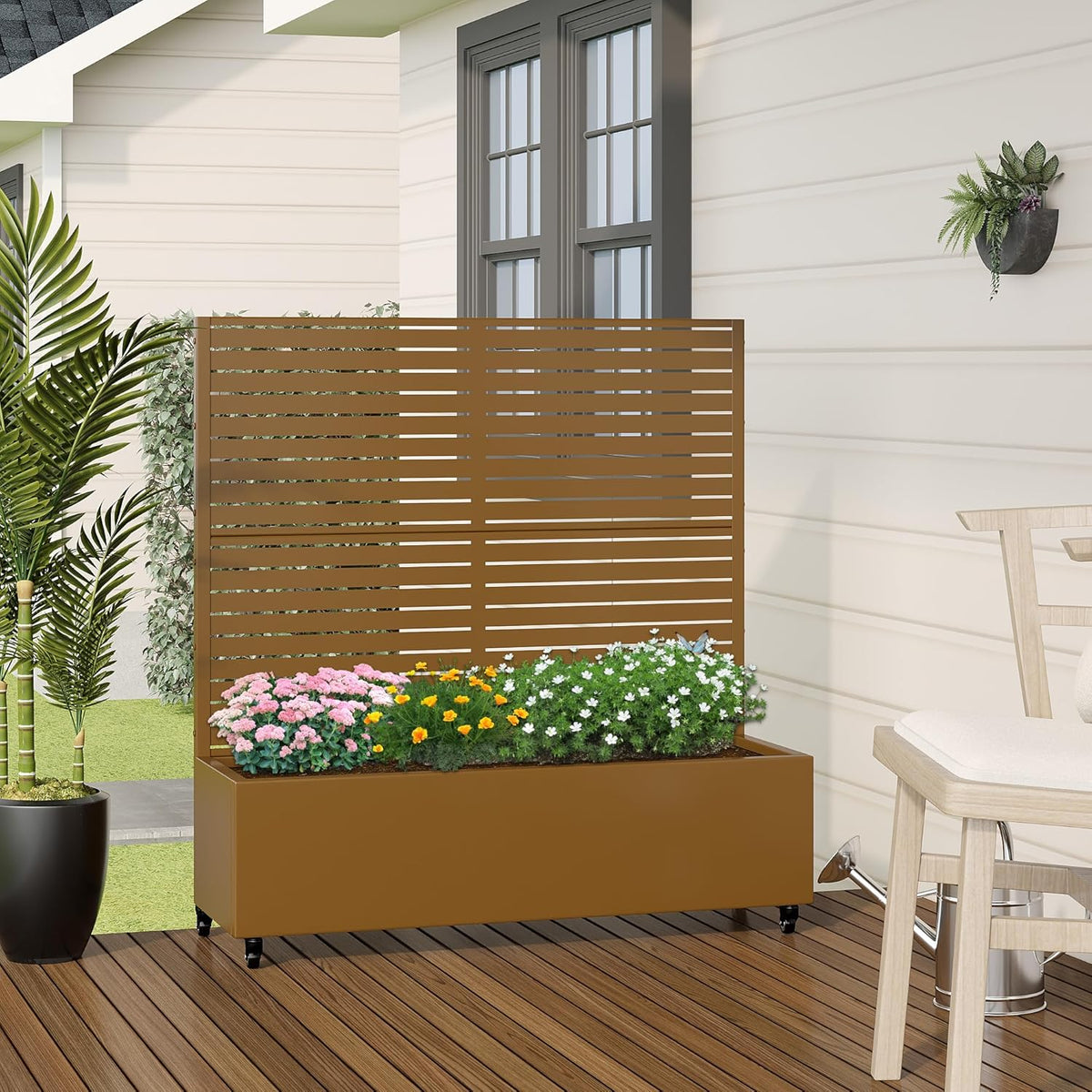 Casaphoria Metal Raised Garden Bed with Trellis and Wheels, 72"x47"x16" Planter Box for Climbing Plants, Vegetables & Vines, Features Drainage Holes and Privacy Screen (Black-Louver) - Colors C