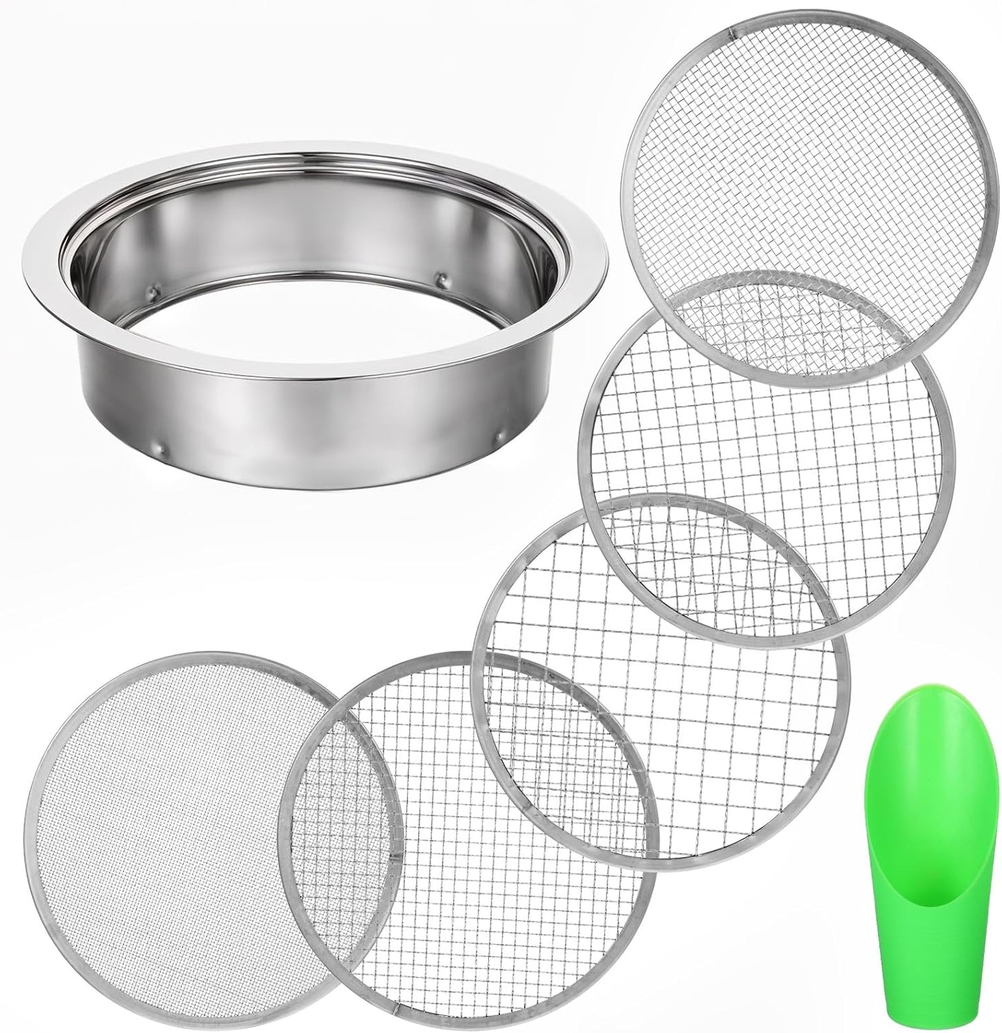 Soil Sieve Set Garden Soils Sifter Stainless Steel Mesh Sifters Compost Sifter with 1,3,6,9,12mm Sieve Mesh and Bonsai Soil Scoop