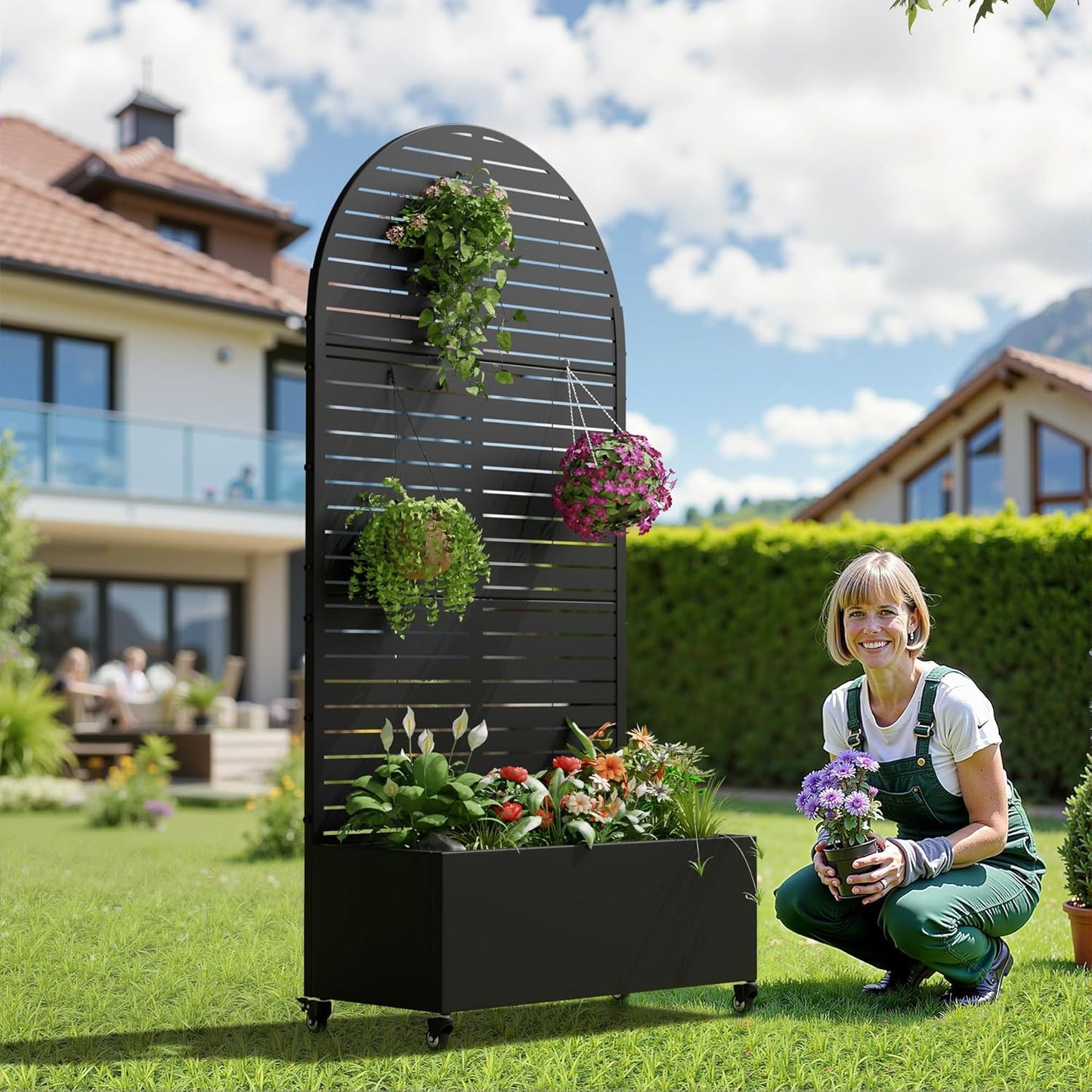 Casaphoria Metal Raised Garden Bed with Trellis and Wheels, 72"x47"x16" Planter Box for Climbing Plants, Vegetables & Vines, Features Drainage Holes and Privacy Screen (Black-Louver) - Colors A
