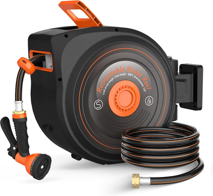 Mars Villa Retractable Garden Hose Reel 1/2 IN x 50 FT, Wall Mounted Heavy Duty Water Hose for Outside, Auto-Rewind & Any Length Lock, 180° Swivel Bracket, Slow Return, 10 Spray Patterns, UV-Resistant