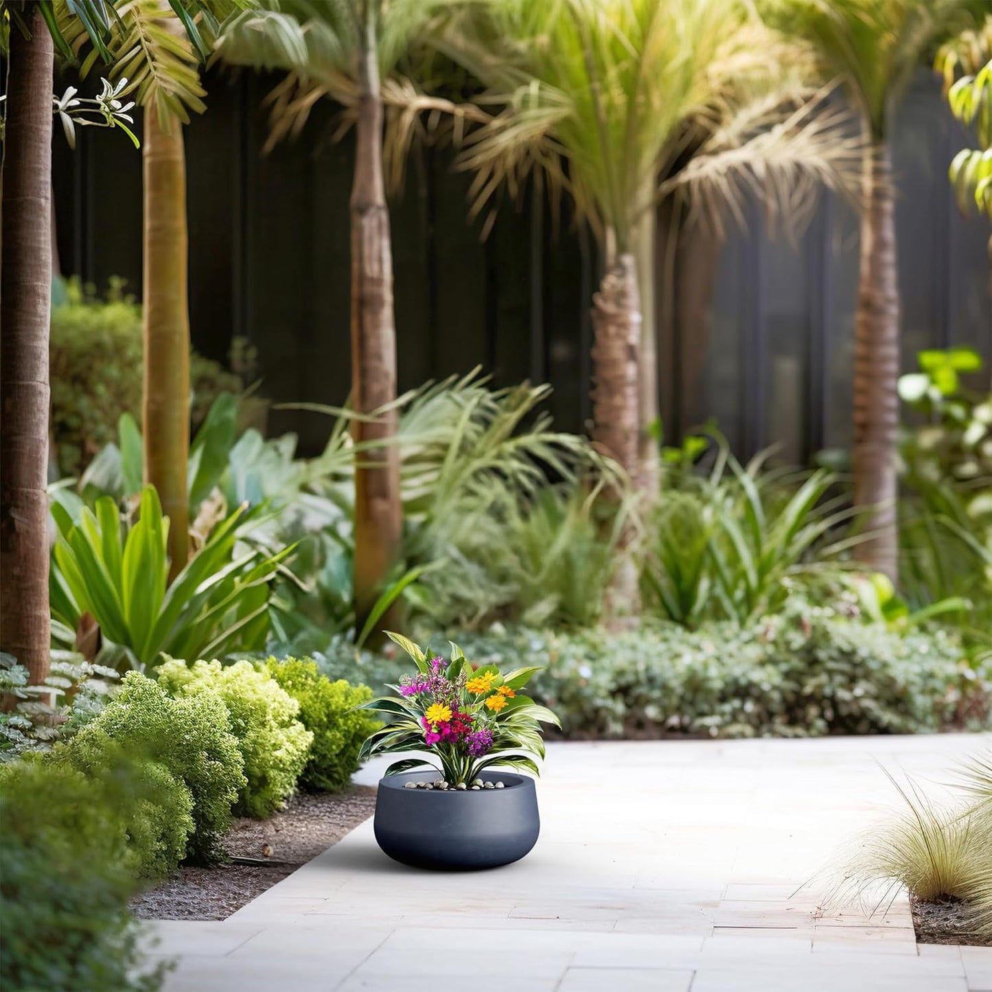 Kante 15.7" Dia Round Concrete Planter, Outdoor Indoor Garden Plant Pots with Drainage Hole and Rubber Plug, Modern Curvaceous Design, Slate Gray