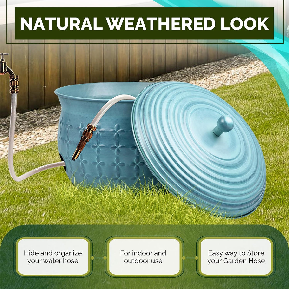 LifeSmart Garden Hose Storage Holder Pot with LId Antique Light Green Lattice Steel | Expandable Water Hose Container 17 x 11.5” Hold up to 125 ft Outdoor or Indoor Use
