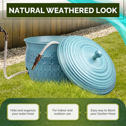 LifeSmart Garden Hose Storage Holder Pot with LId Antique Light Green Lattice Steel | Expandable Water Hose Container 17 x 11.5” Hold up to 125 ft Outdoor or Indoor Use