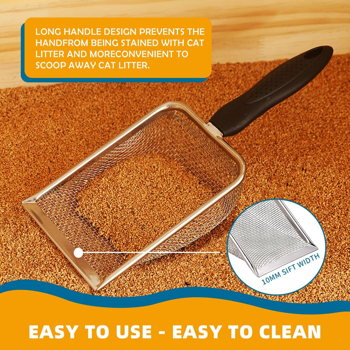 Cat Litter Scoop Stainless Steel Mesh Scooper Long Handle Deep Shovel Non-Stick Coated Metal Litter Scoop for Litter Box Kitten Pooper Lifter (Hole:3.8mm/Regular Cat Litter Scoop)