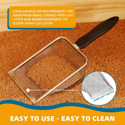 Cat Litter Scoop Stainless Steel Mesh Scooper Long Handle Deep Shovel Non-Stick Coated Metal Litter Scoop for Litter Box Kitten Pooper Lifter (Hole:3.8mm/Regular Cat Litter Scoop)