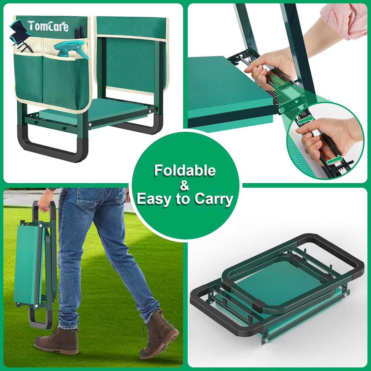TomCare Garden Kneeler and Seat 10.64” Wider Larger Soft Kneeling Pad Garden Bench with 2 Large Tool Pouches Heavy Duty Garden Stool Foldable Tools Gardening Gifts for Women Men Gardeners