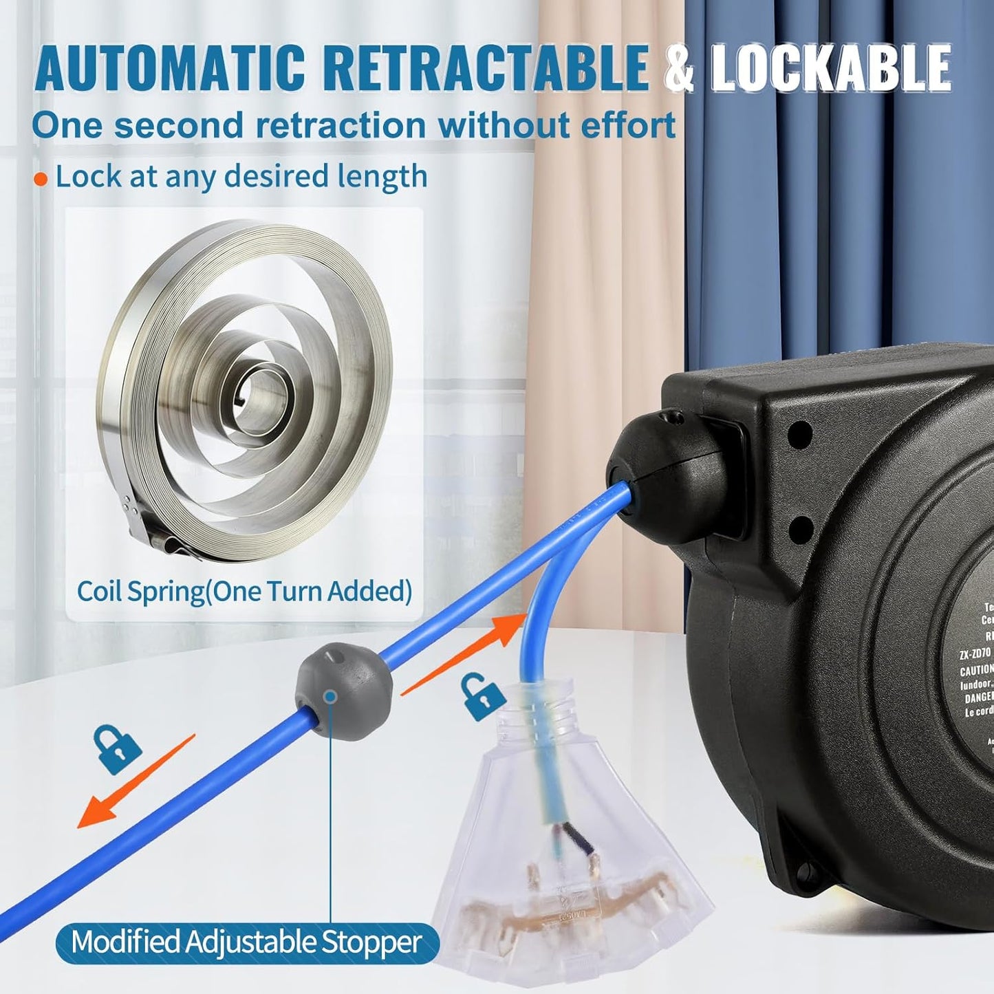 65FT Retractable Extension Cord Reel, Heavy Duty 12AWG/3C SJTOW Cord