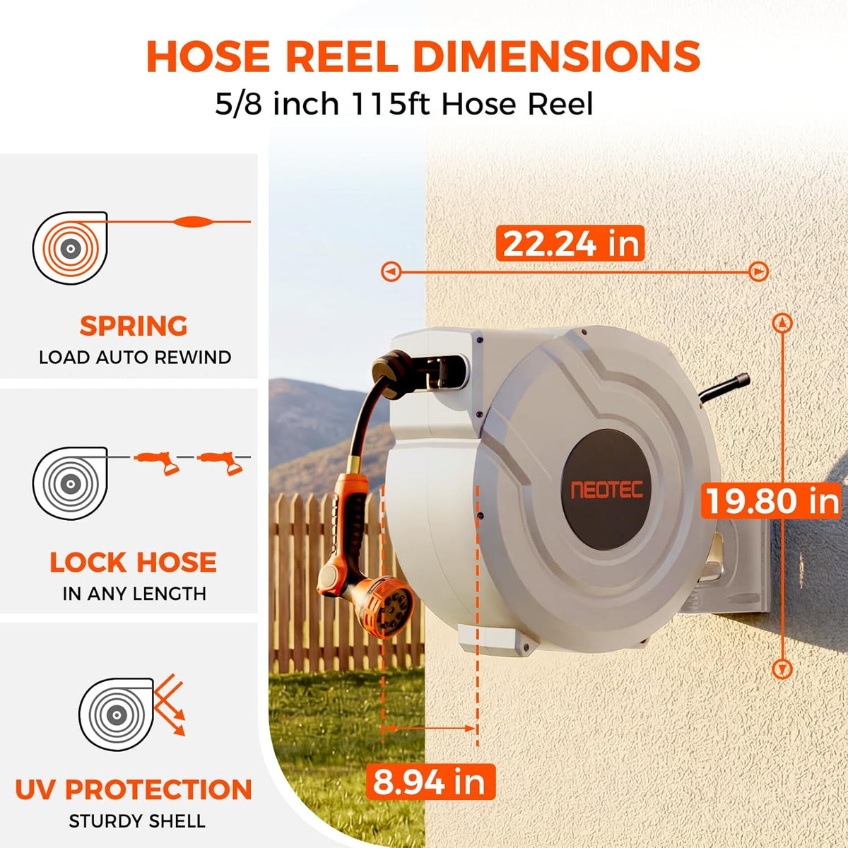 NEOTEC 115ft 5/8" Retractable Garden Hose Reel with Auto Rewind Any Length Lock Heavy Duty Hose Reel,9-Pattern Nozzle,180°Swivel,UV Resistant Wall Mount Hose Reel for Outdoor Garden, Car, Patio