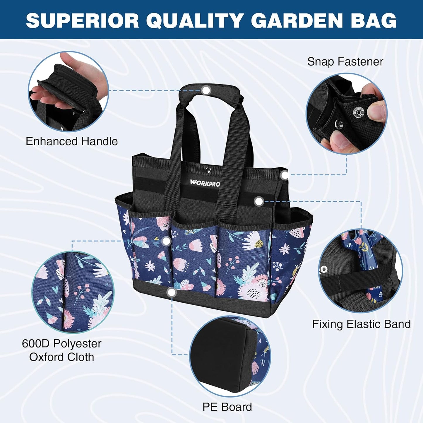 WORKPRO Garden Tool Bag, 9 Pockets Gardening Bag, Heavy Duty Oxford Garden Tote Caddy (Tools NOT Included), 12" x 12" x 6" (Floral White)