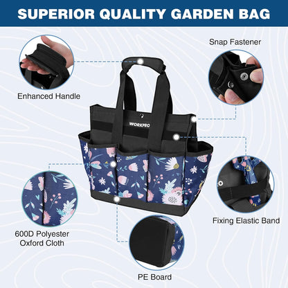 WORKPRO Garden Tool Bag, 9 Pockets Gardening Bag, Heavy Duty Oxford Garden Tote Caddy (Tools NOT Included), 12" x 12" x 6" (Floral White)