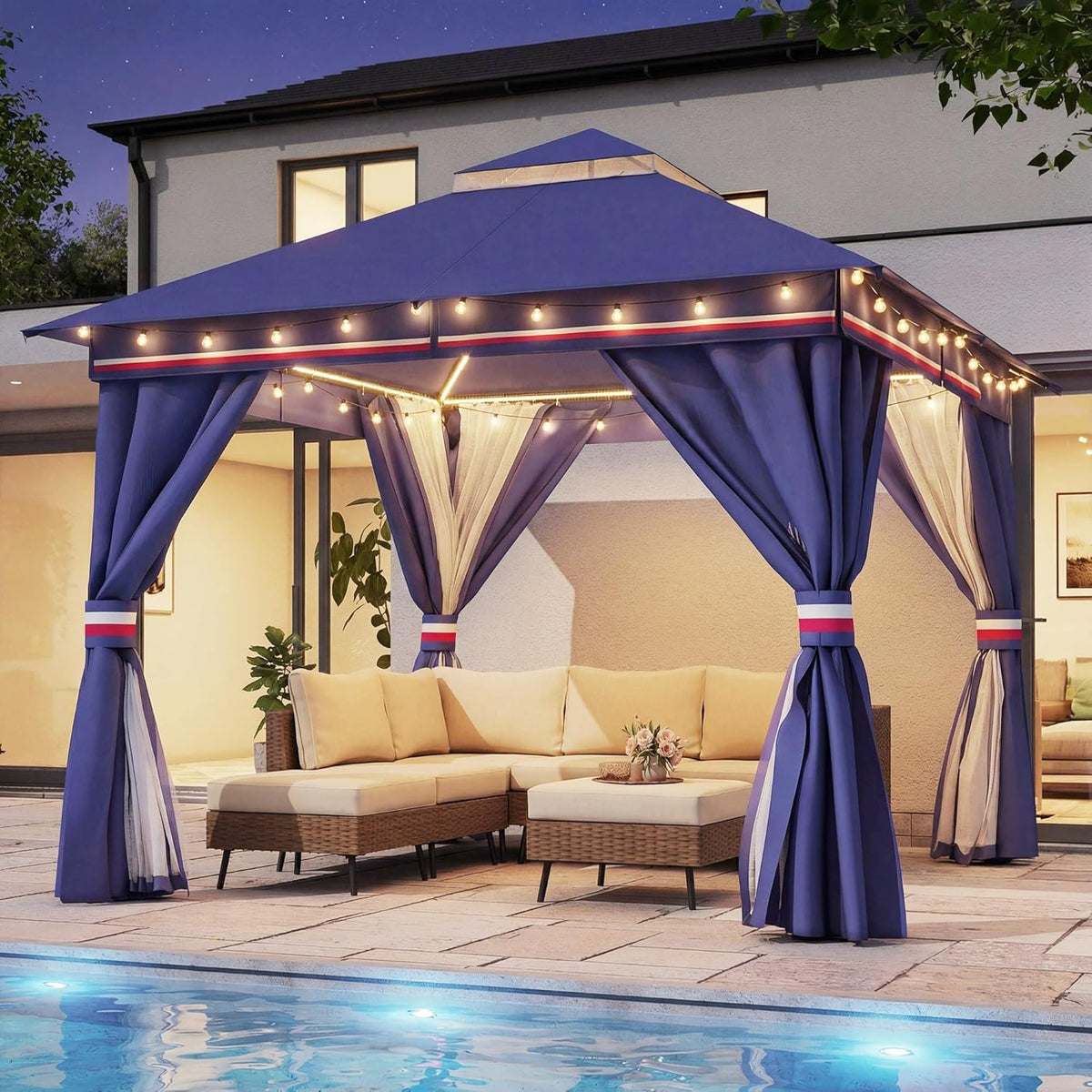10x20 Gazebo Canopy with 100FT String Lights, Metal Heavy Duty Patio Canopy Tent with Double Roofs, Mosquito Nettings and Privacy Screens for Backyard, Garden, Lawn, Gray