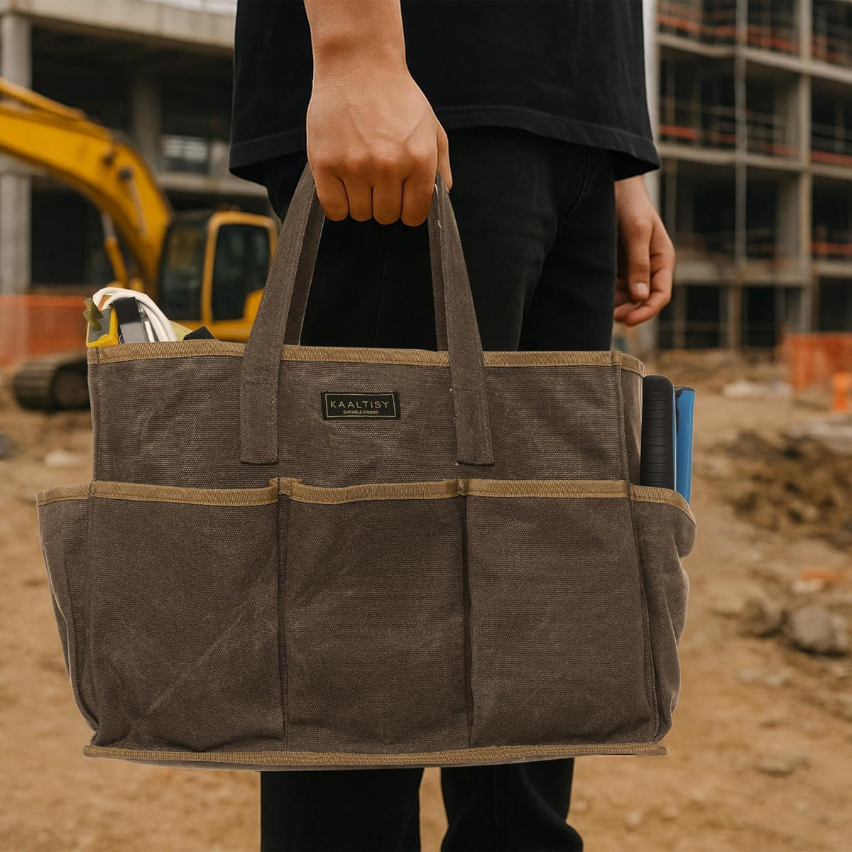 Tool Tote Bag, Heavy Duty 16oz Waxed Canvas Garden Tool Bag | Portable 11-Pocket Tool Storage Bag for Gardener Electrician Contractor Repairman (14"L x 5.5"W x 10.5"H) – Army Green