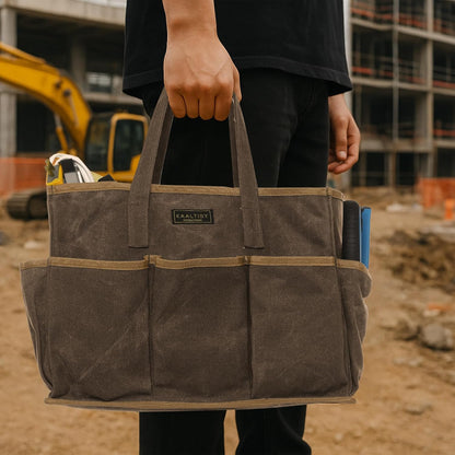 Tool Tote Bag, Heavy Duty 16oz Waxed Canvas Garden Tool Bag | Portable 11-Pocket Tool Storage Bag for Gardener Electrician Contractor Repairman (14"L x 5.5"W x 10.5"H) – Army Green