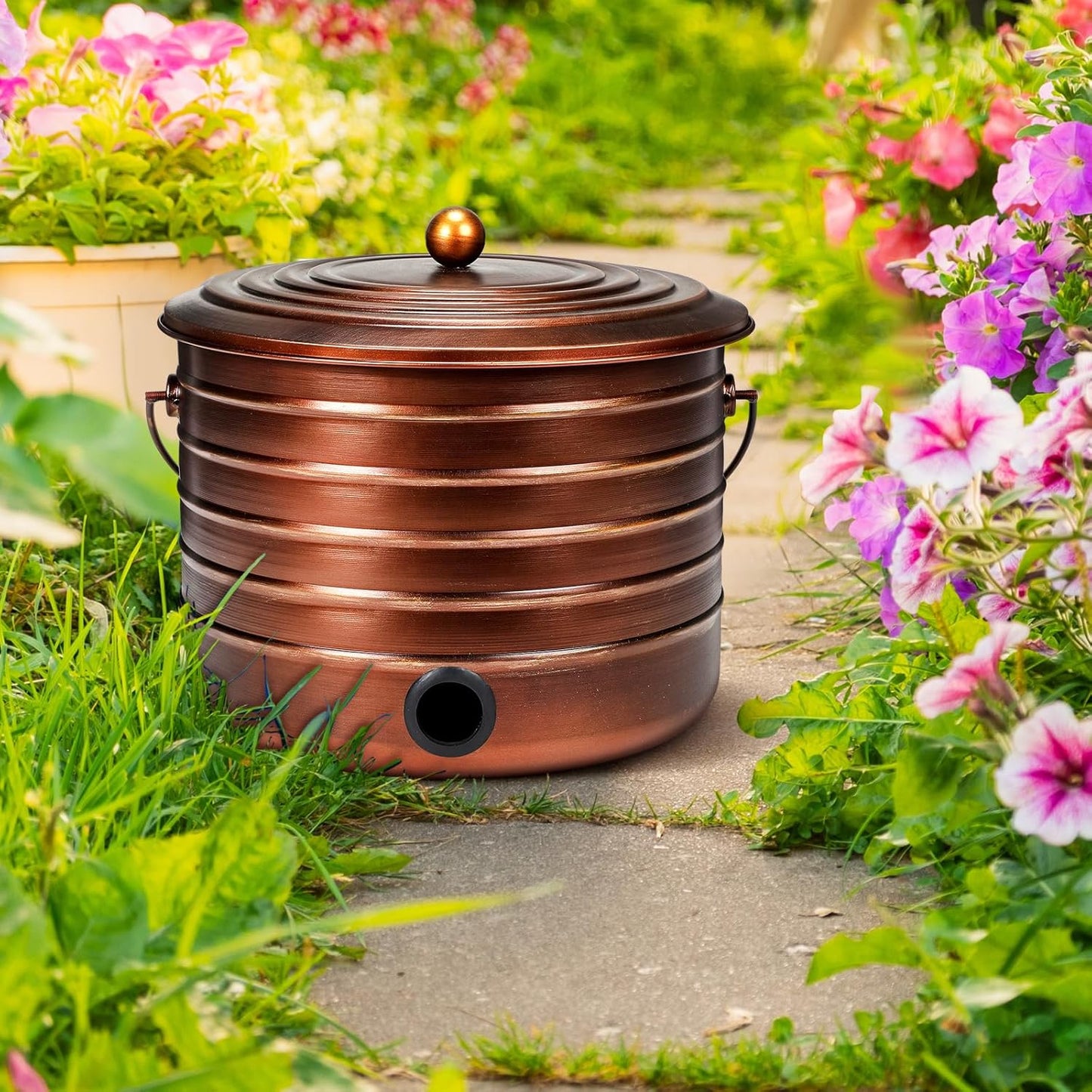 FillTouch Garden Hose Pot with Lid and Handle, Matte Black Ribbed Steel Garden Hose Holder Water Hose Storage Container for Outside Backyard Patio, Holds 100ft Hose