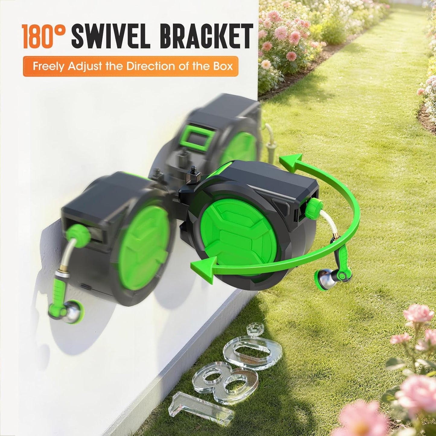 Retractable Garden Hose Reel 1/2" 100ft, 2-in-1 Wall Mount & Portable Auto Rewind Water Hose Reel with Any Length Lock & 180° Swivel, Heavy Duty Outdoor Hose Storage for Garden, Patio and Car Washing