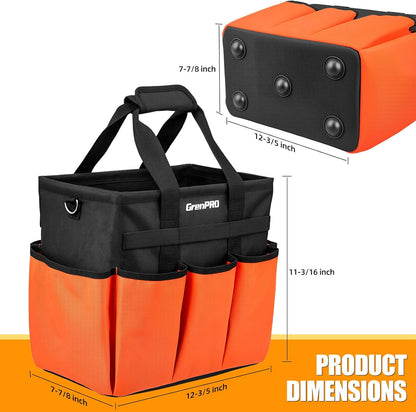 GrenPRO Garden Tool Bag Molded Bottom, Heavy Duty Tool Tote Toolbox with 10 Pockets, Reinforced & Top Snap Closure for Gardening Tools Storage, Dark Green(Tools Not Included)