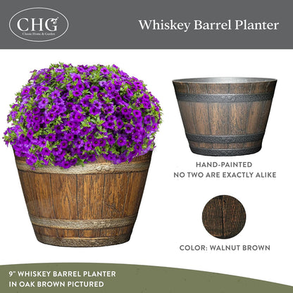 Classic Home & Garden by Growscape Whiskey Barrel Planters, Wooden Finish Flower Planter Pot, Decorative Garden Pots, Indoor Outdoor Resin Planters, Weather-Resistant Plant Pot (15” Oak Brown, 1-Pack)