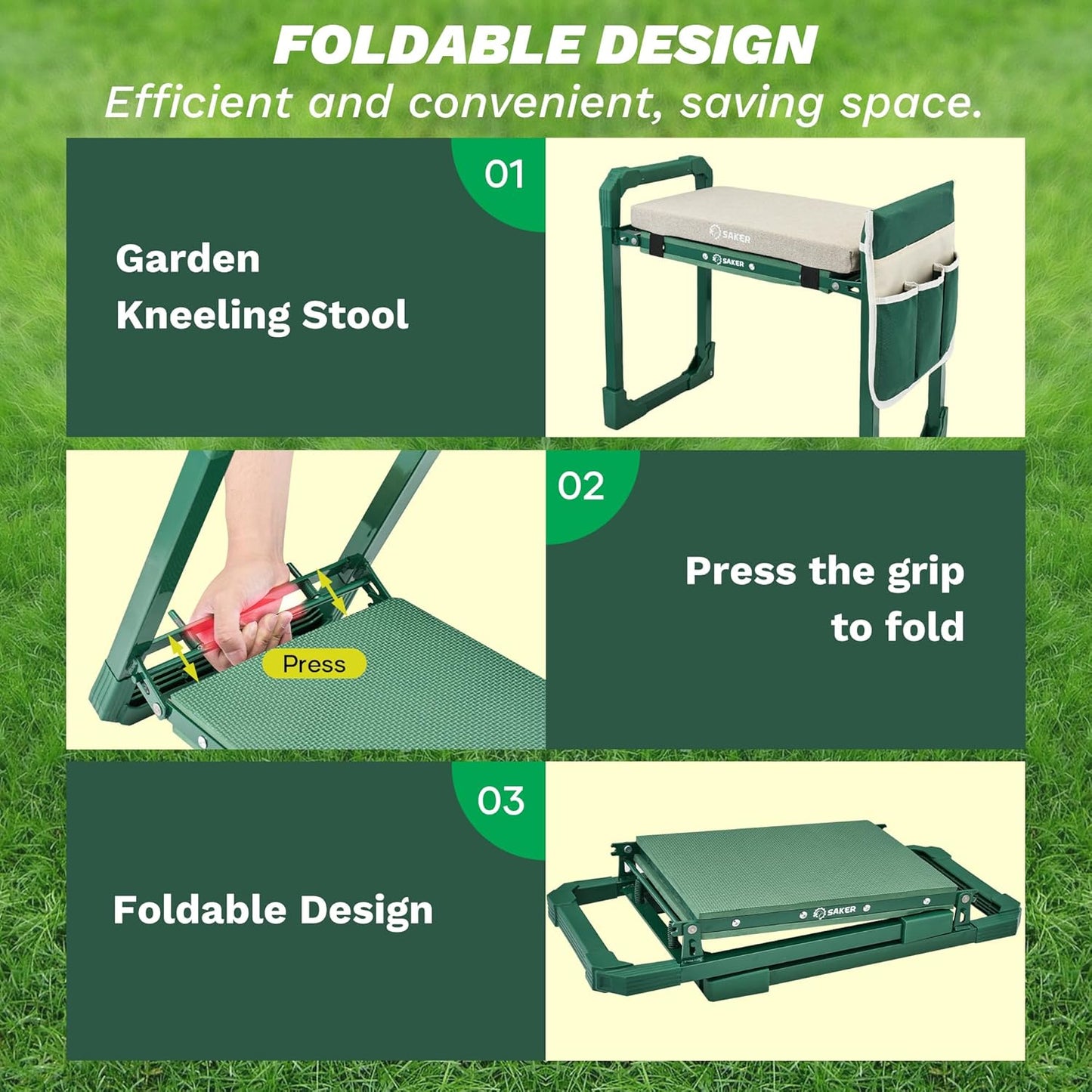 Saker Garden Kneeler and Seat Foldable Gardening Stool with Extendable Legs & Thickened Pad, Tool/Storage Bag, Heavy Duty 400lbs Support for Elderly, Gardening, Outdoor Use