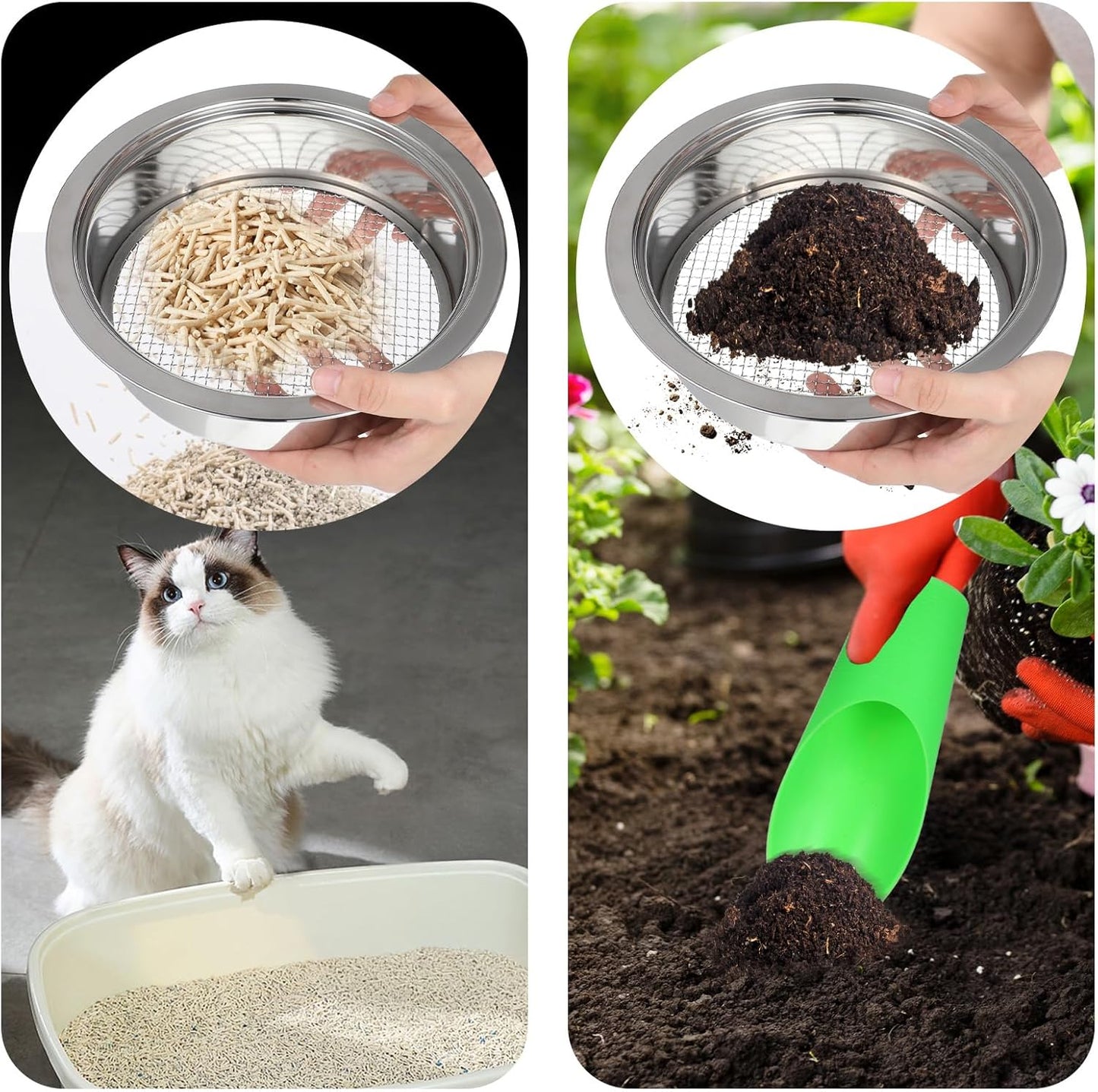 Soil Sieve Set Garden Soils Sifter Stainless Steel Mesh Sifters Compost Sifter with 1,3,6,9,12mm Sieve Mesh and Bonsai Soil Scoop
