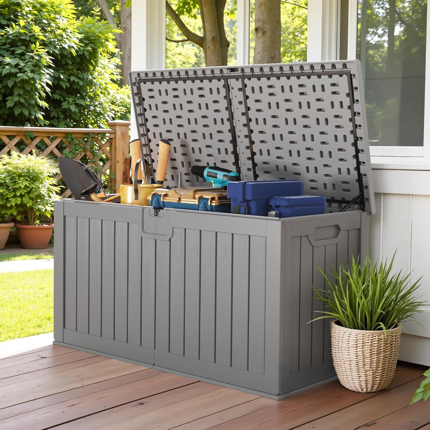 30 Gallon Resin Deck Box Waterproof Outdoor Storage Box for Patio Furniture Pool Accessories Indoor Storage for Cushion Garden Tools (30 Gallon, Black)
