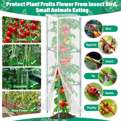 3 Pack Garden Bird Netting Plant Cover for Round Tomato Cage, 61"x13" Insect Bird Barrier Tomato Cage Net with Zipper & Drawstring, Tomato Trellis Netting Protection Cover for Protecting Plants