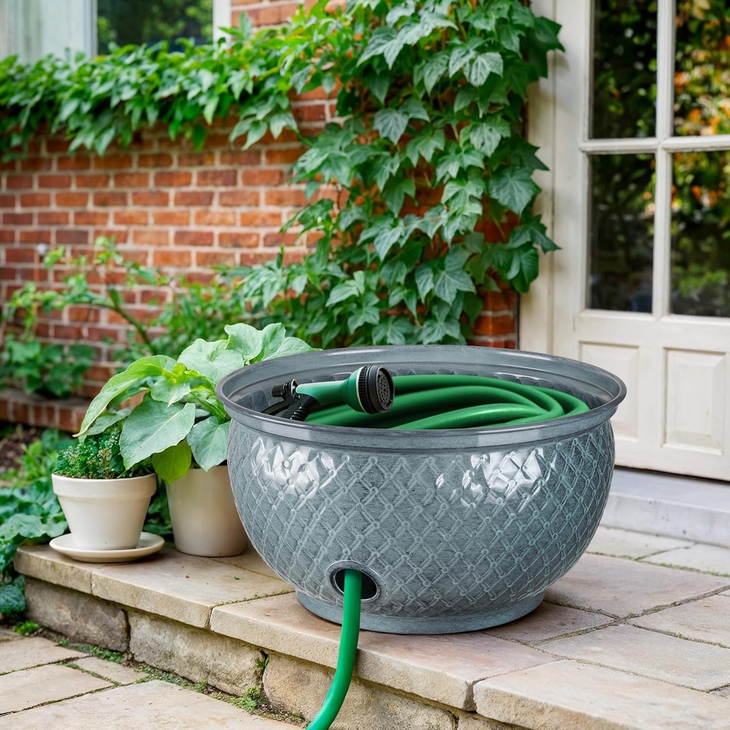 Monarch Abode Garden Hose Holder with Lid – Decorative Water Hose Holders for Outside, Diamond Embossed Metal Patina Pot with Drainage, 100ft Waterhose Holder for Outside, Garden Storage Caddy