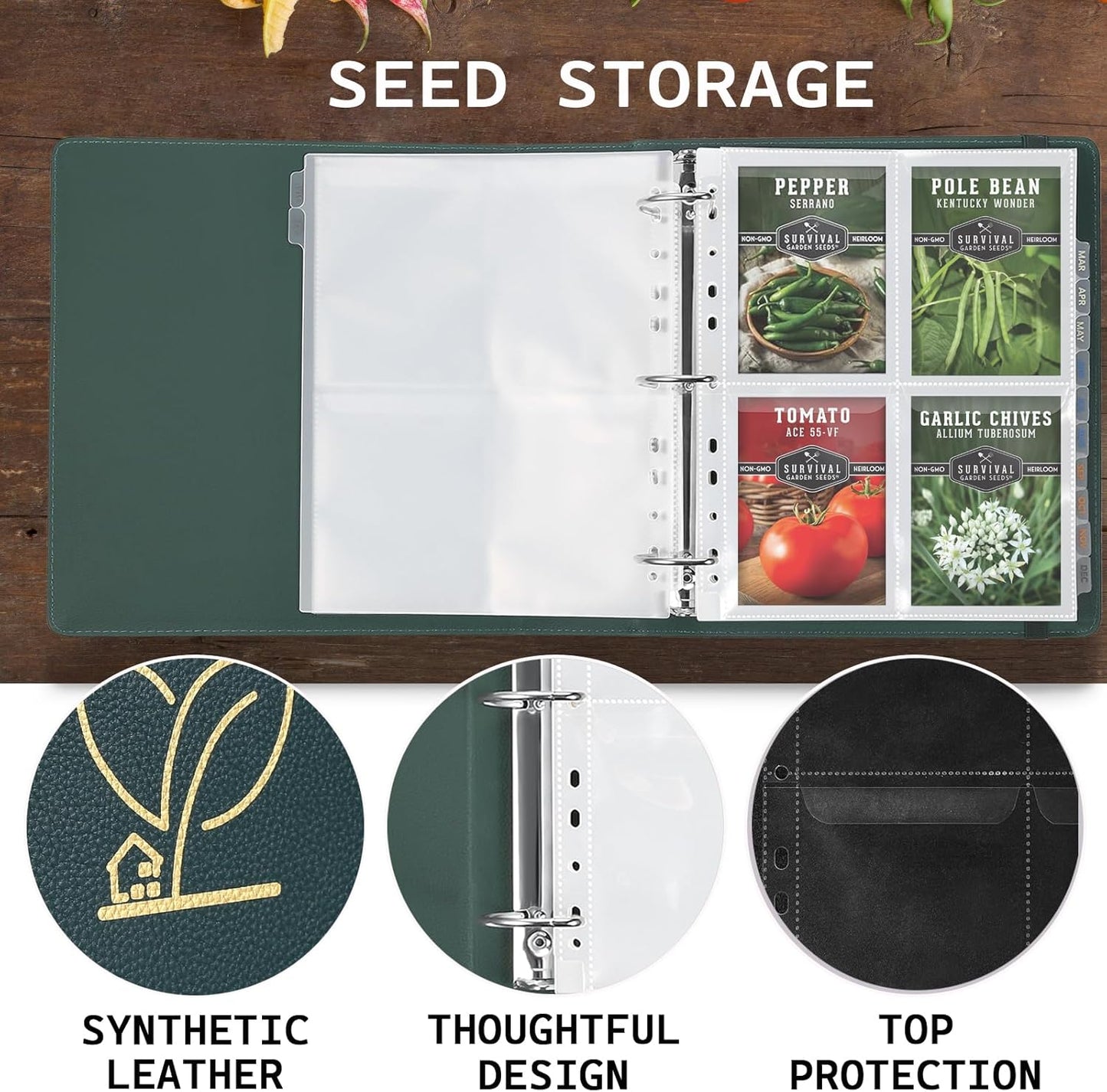 MUQING Seed Storage Organizer Binder, Holds 200 Seed Packets with Flip-Top Lid Sleeves, 50 Pages + 12 Monthly Cards + 4-Season Color-Coded Dividers, Faux Leather Seed Keeper Book for Gardeners (Green)