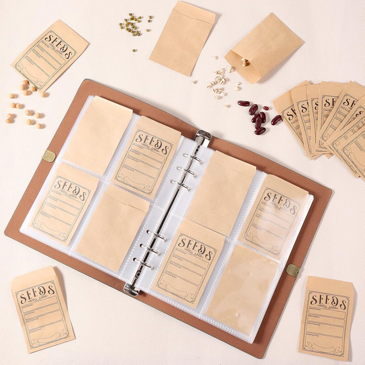 Garden Seed Storage Organizer Binder - 150 Resealable Seed Envelopes Brown Shell with 40 Sheet Protectors for Efficient Seed Packet Organization - Brown