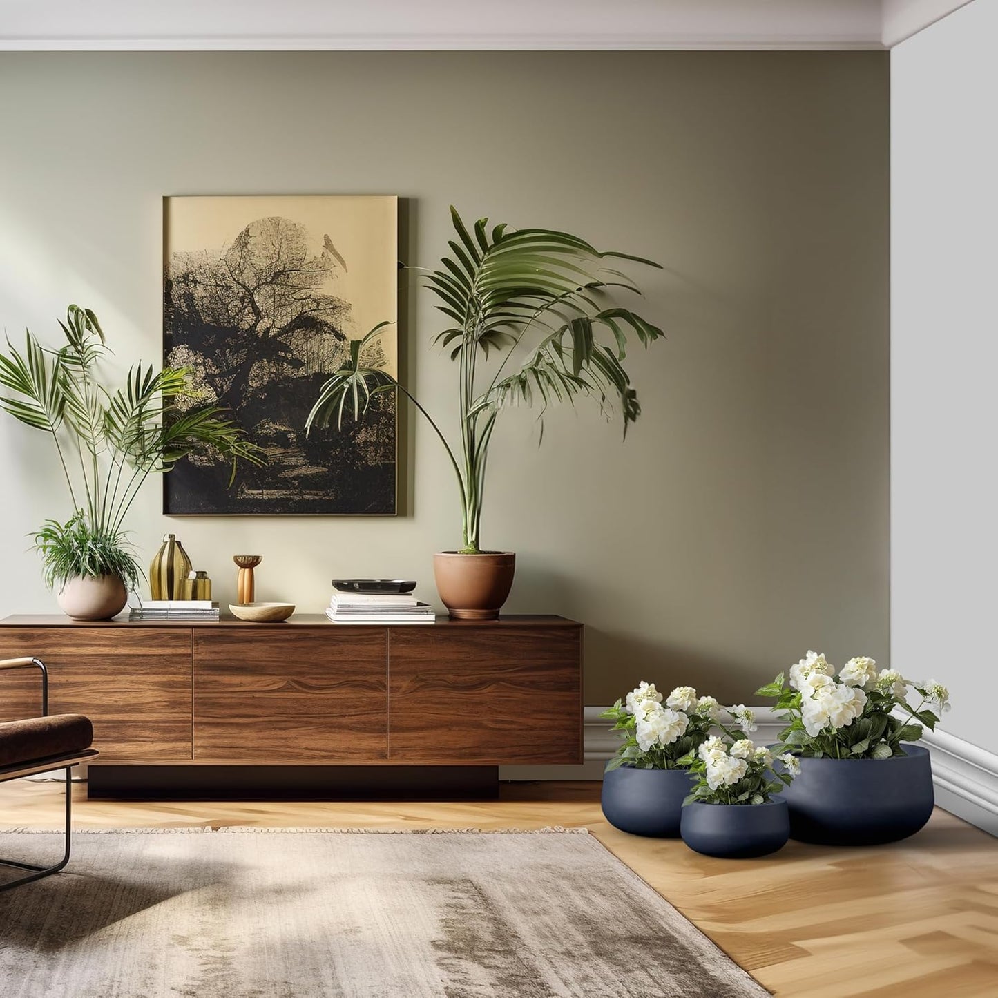 Kante 15.7" Dia Round Concrete Planter, Outdoor Indoor Garden Plant Pots with Drainage Hole and Rubber Plug, Modern Curvaceous Design, Slate Gray