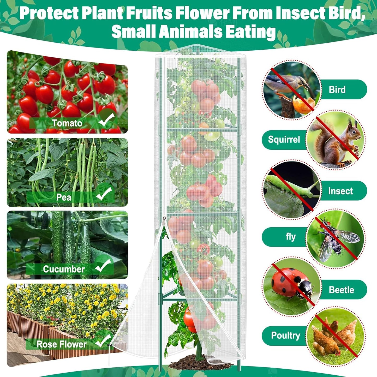 3 Pack Garden Bird Netting Plant Cover for Round Tomato Cage, 61"x13" Insect Bird Barrier Tomato Cage Net with Zipper & Drawstring, Tomato Trellis Netting Protection Cover for Protecting Plants