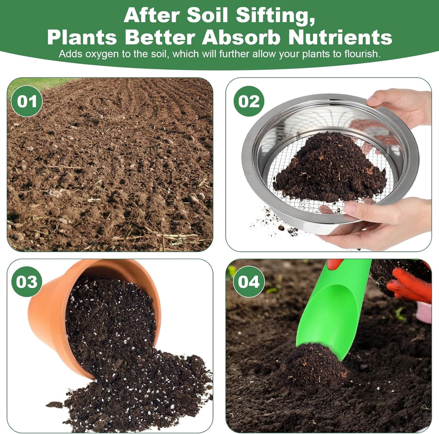 Soil Sieve Set Garden Soils Sifter Stainless Steel Mesh Sifters Compost Sifter with 1,3,6,9,12mm Sieve Mesh and Bonsai Soil Scoop