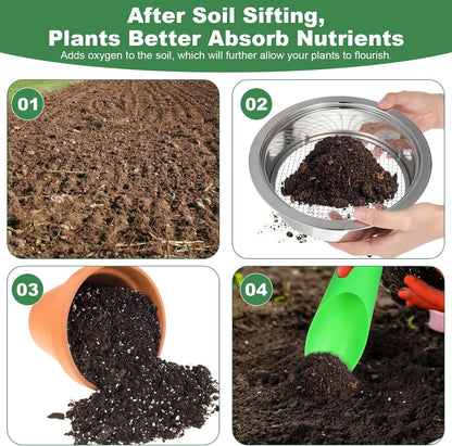 Soil Sieve Set Garden Soils Sifter Stainless Steel Mesh Sifters Compost Sifter with 1,3,6,9,12mm Sieve Mesh and Bonsai Soil Scoop