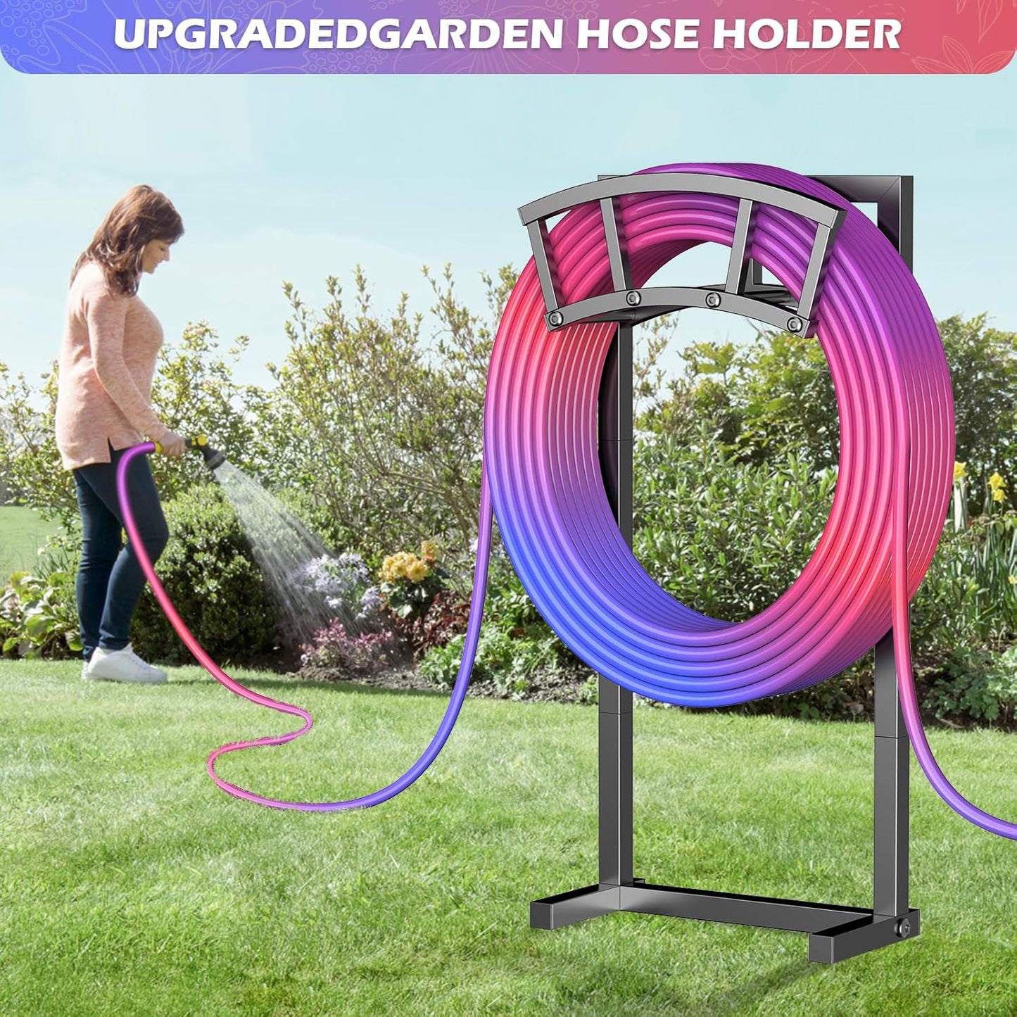 OLV Hose Holder Holds 150-ft Water Pipe, Outdoor Freestanding Heavy Duty Water Hose Holder Reel with 4 Spikes, Detachable Metal Hose Storage Stand Hanger Rack for Outside Yard Lawn Farm, Black