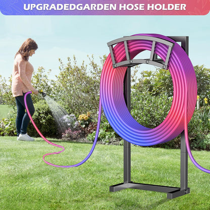 OLV Hose Holder Holds 150-ft Water Pipe, Outdoor Freestanding Heavy Duty Water Hose Holder Reel with 4 Spikes, Detachable Metal Hose Storage Stand Hanger Rack for Outside Yard Lawn Farm, Black