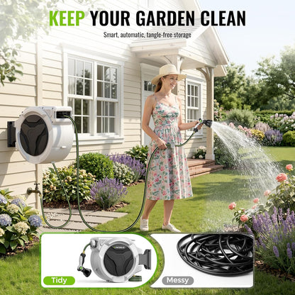 Retractable Garden Hose Reel 100ft x 1/2 in, Wall Mounted Garden Hose Reel with Auto Rewind, 180° Swivel Bracket, UV Resistant Water Hose Reel with 10 Spray Nozzle, Heavy Duty for Outside Use