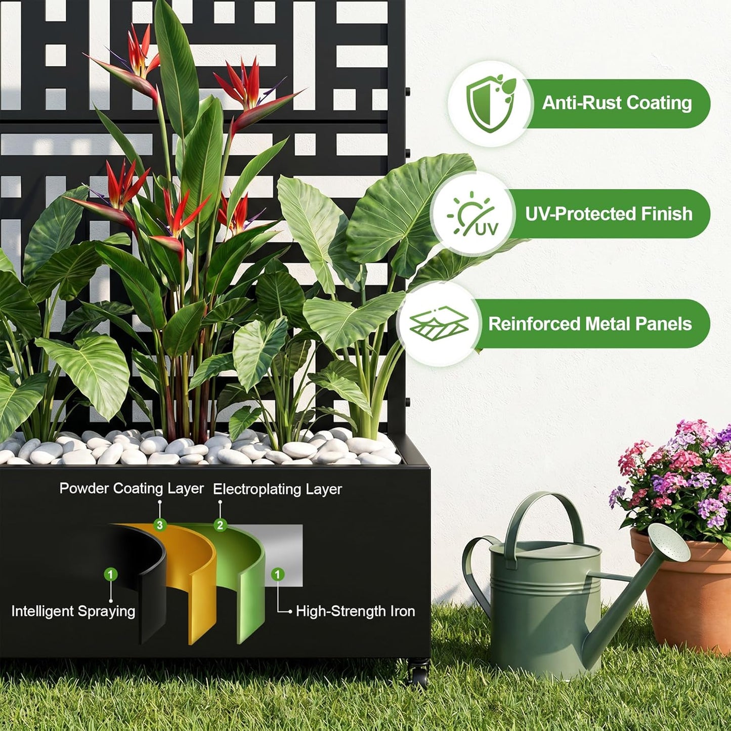 Casaphoria Metal Raised Garden Bed with Trellis and Wheels, 72"x47"x16" Planter Box for Climbing Plants, Vegetables & Vines, Features Drainage Holes and Privacy Screen (Black-Louver) - Colors C