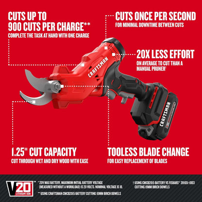 CRAFTSMAN V20 Cordless Electric Pruner, Pruning Shears for Gardening, 2 Ah Battery and Charger Included, Electric Pruning Shears, Tree Pruner (CMCPR320C1)