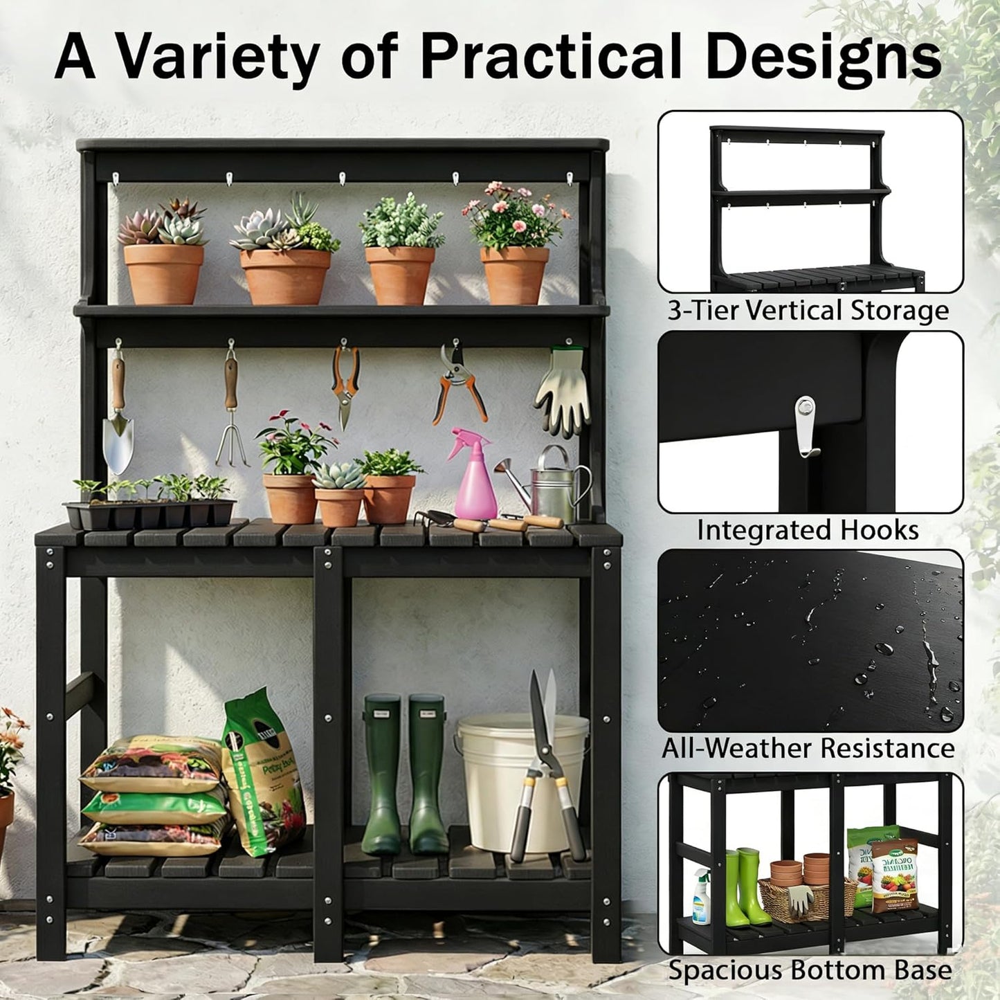 Outdoor Potting Bench with 3 Tier, All-Weather Patio Potting Table with Tool Hooks, HDPE Gardening Table for Backyard, Garden, Brown