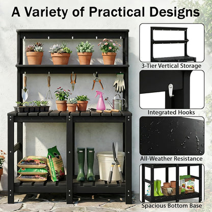 Outdoor Potting Bench with 3 Tier, All-Weather Patio Potting Table with Tool Hooks, HDPE Gardening Table for Backyard, Garden, Brown